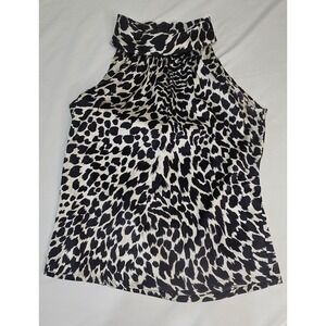 Doncaster Collection Silk Leopard Print Mock Neck Halter Top Blouse Black White